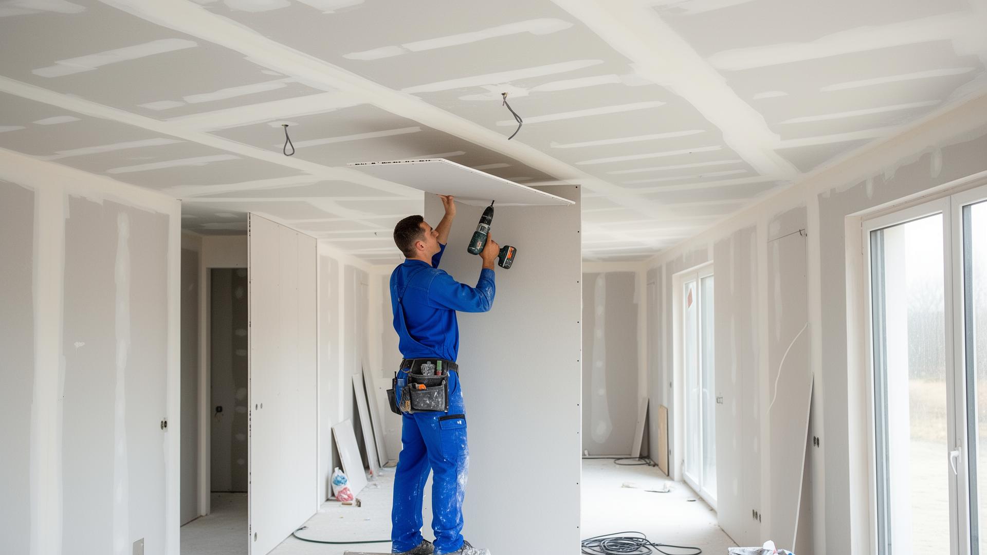 Profissional instalando gesso drywall